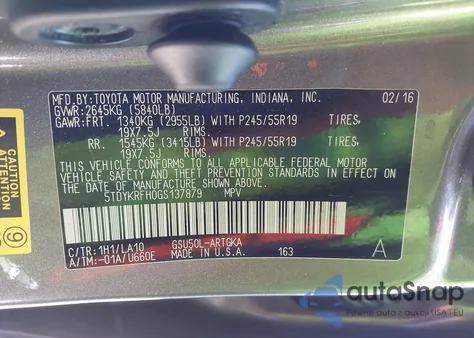 2016 Toyota Highlander Limited V6 из США, поврежденный, VIN 5TDYKRFH0GS137879